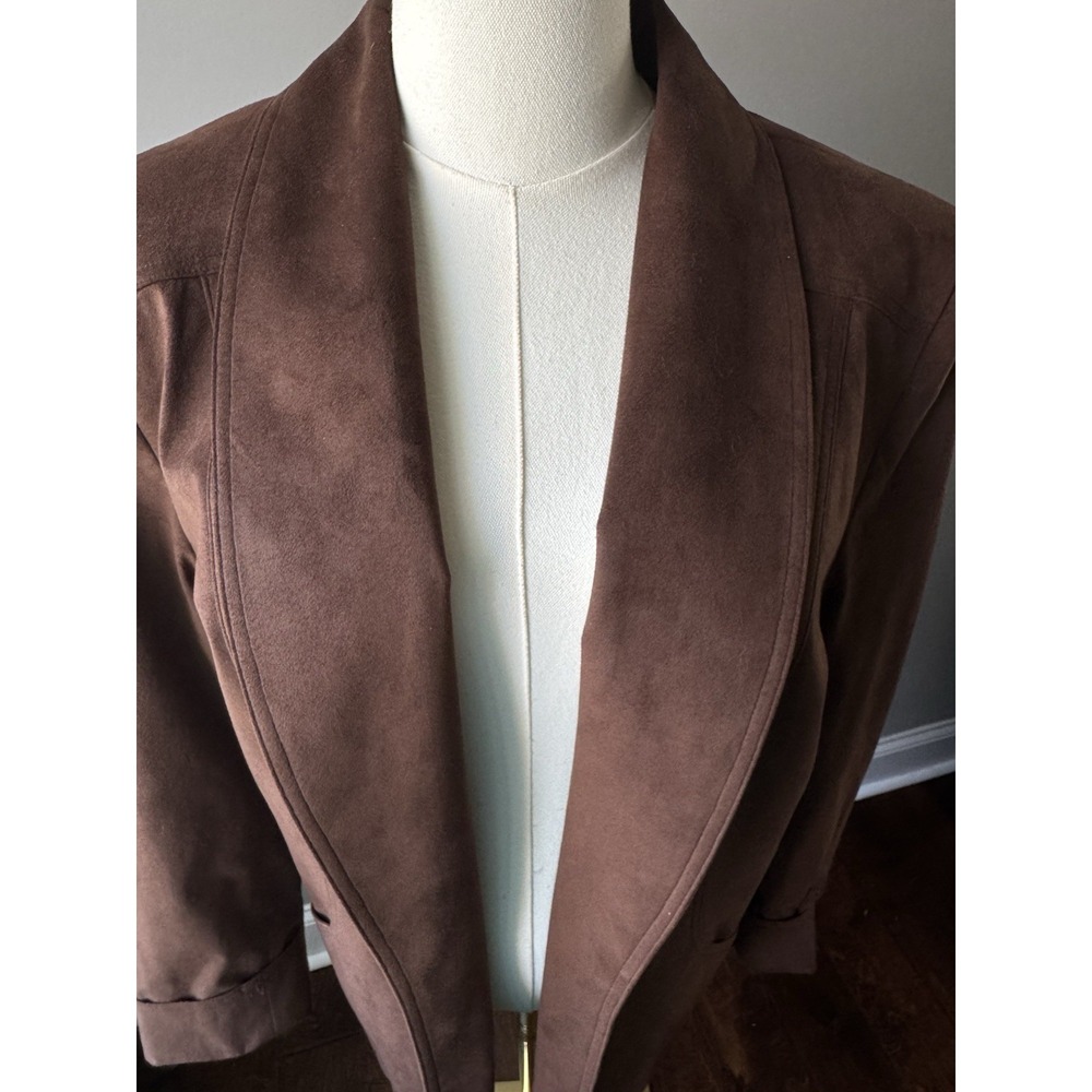 Vintage Da-Rue Faux Ultrasuede Jacket Brown Longline Open Blazer Size 12 USA - Picture 3 of 8